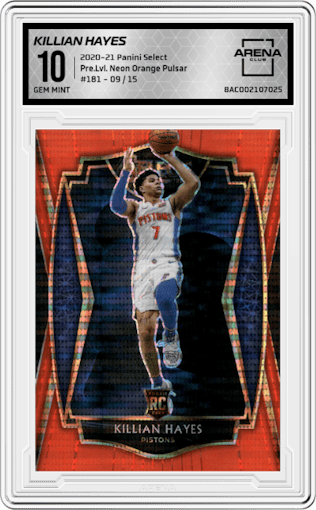 Killian Hayes from the 2020-21 Panini Select  set featuring a Neon Orange Pulsar parallel graded by Arena Club and given an overall grade of 10.