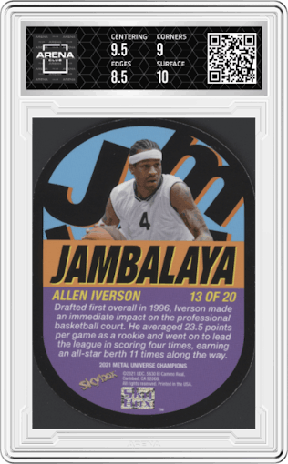 Allen Iverson from the 2021 Skybox Metal Universe Champions set graded by Arena Club and given an overall grade of 9.