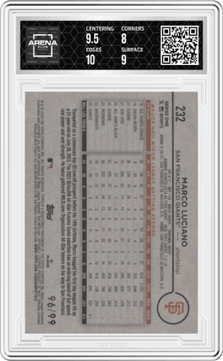 Marco Luciano from the 2024 Topps  set featuring a Vintage Stock parallel graded by Arena Club and given an overall grade of 8.5.