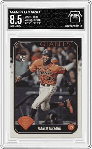 Marco Luciano from the 2024 Topps  set featuring a Vintage Stock parallel graded by Arena Club and given an overall grade of 8.5.