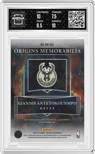 Giannis Antetokounmpo from the 2023-24 Panini Origins set featuring a Red parallel graded by Arena Club and given an overall grade of 8.