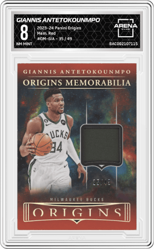 Giannis Antetokounmpo from the 2023-24 Panini Origins set featuring a Red parallel graded by Arena Club and given an overall grade of 8.