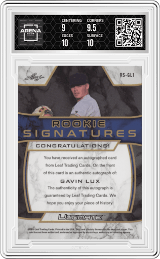 Gavin Lux from the 2019 Leaf Ultimate set featuring a Platinum Spectrum parallel graded by Arena Club and given an overall grade of 9.5.