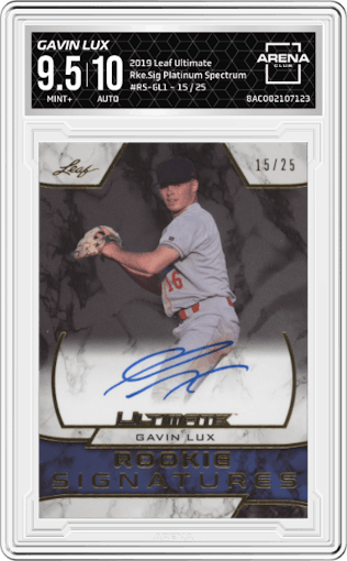 Gavin Lux from the 2019 Leaf Ultimate set featuring a Platinum Spectrum parallel graded by Arena Club and given an overall grade of 9.5.