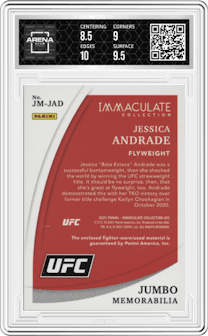 Jessica Andrade from the 2021 Panini Immaculate UFC  set featuring a Shorts parallel graded by Arena Club and given an overall grade of 9.