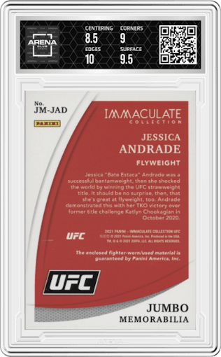 Jessica Andrade from the 2021 Panini Immaculate UFC  set featuring a Shorts parallel graded by Arena Club and given an overall grade of 9.