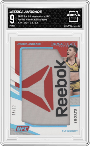 Jessica Andrade from the 2021 Panini Immaculate UFC  set featuring a Shorts parallel graded by Arena Club and given an overall grade of 9.