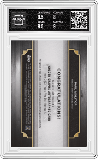 Paul Molitor from the 2022 Topps Five Star set featuring a Green  parallel graded by Arena Club and given an overall grade of 8.5.