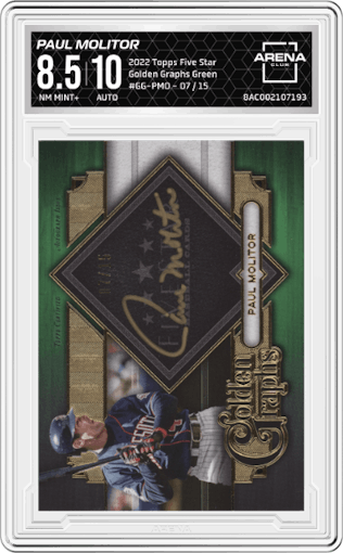 Paul Molitor from the 2022 Topps Five Star set featuring a Green  parallel graded by Arena Club and given an overall grade of 8.5.