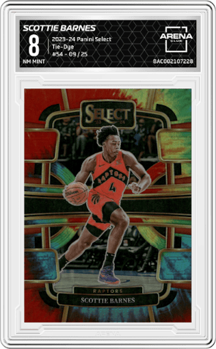 Scottie Barnes from the 2023-24 Panini Select  set featuring a Tie-Dye Prizm parallel graded by Arena Club and given an overall grade of 8.