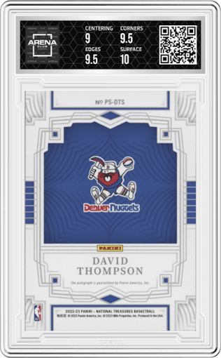 David Thompson from the 2022-23 Panini National Treasures set featuring a Bronze parallel graded by Arena Club and given an overall grade of 9.5.