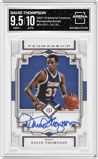 David Thompson from the 2022-23 Panini National Treasures set featuring a Bronze parallel graded by Arena Club and given an overall grade of 9.5.