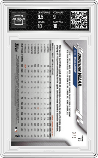 Jonathan Villar from the 2020 Topps Chrome set featuring a Red Refractor parallel graded by Arena Club and given an overall grade of 9.5.