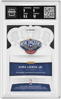Kira Lewis Jr. from the 2020-21 Panini Crown Royale set featuring a Gold parallel graded by Arena Club and given an overall grade of 9.5.