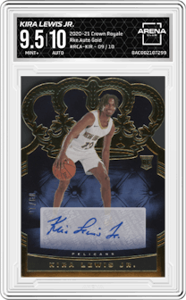 Kira Lewis Jr. from the 2020-21 Panini Crown Royale set featuring a Gold parallel graded by Arena Club and given an overall grade of 9.5.