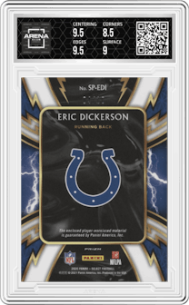Eric Dickerson from the 2020 Panini Select set featuring a Gold Prizm  parallel graded by Arena Club and given an overall grade of 9.