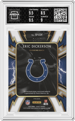 Eric Dickerson from the 2020 Panini Select set featuring a Gold Prizm  parallel graded by Arena Club and given an overall grade of 9.