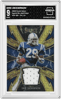 Eric Dickerson from the 2020 Panini Select set featuring a Gold Prizm  parallel graded by Arena Club and given an overall grade of 9.