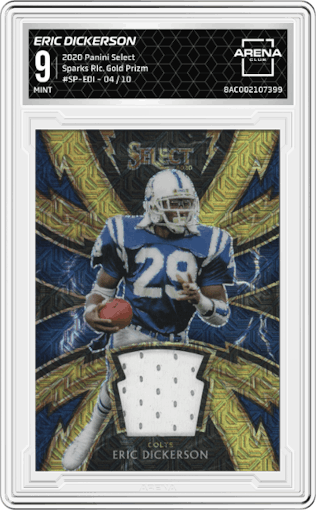 Eric Dickerson from the 2020 Panini Select set featuring a Gold Prizm  parallel graded by Arena Club and given an overall grade of 9.