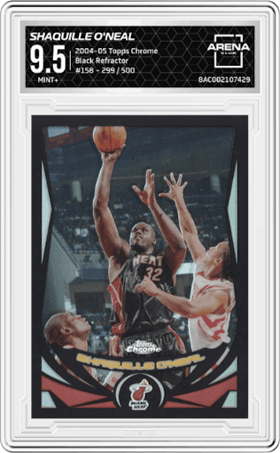 Shaquille O'Neal from the 2004-05 Topps Chrome set featuring a Black Refractor parallel graded by Arena Club and given an overall grade of 9.5.