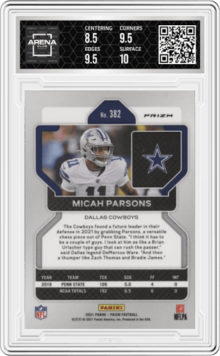 Micah Parsons from the 2021 Panini Prizm set featuring a Red Ice parallel graded by Arena Club and given an overall grade of 9.