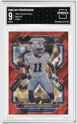 Micah Parsons from the 2021 Panini Prizm set featuring a Red Ice parallel graded by Arena Club and given an overall grade of 9.