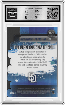 Fernando Tatis Jr. from the 2019 Bowman’s Best set graded by Arena Club and given an overall grade of 10.
