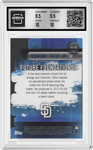 Fernando Tatis Jr. from the 2019 Bowman’s Best set graded by Arena Club and given an overall grade of 10.