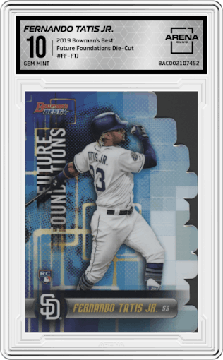 Fernando Tatis Jr. from the 2019 Bowman’s Best set graded by Arena Club and given an overall grade of 10.