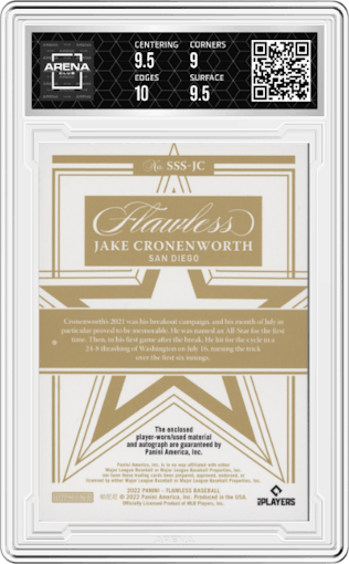 Jake Cronenworth from the 2022 Panini Flawless set featuring a Sapphire parallel graded by Arena Club and given an overall grade of 9.5.