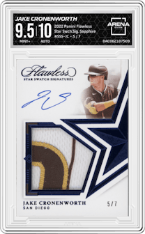 Jake Cronenworth from the 2022 Panini Flawless set featuring a Sapphire parallel graded by Arena Club and given an overall grade of 9.5.