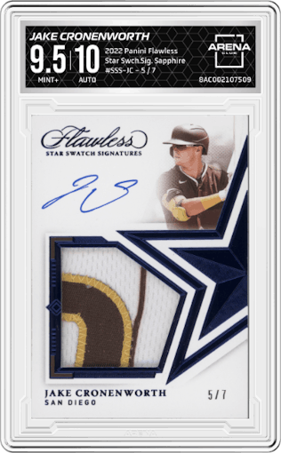 Jake Cronenworth from the 2022 Panini Flawless set featuring a Sapphire parallel graded by Arena Club and given an overall grade of 9.5.