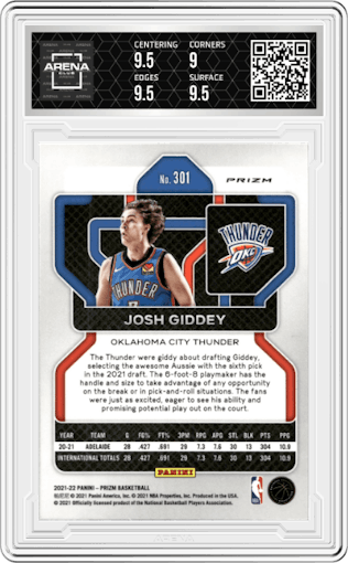 Josh Giddey from the 2021-22 Panini Prizm  set featuring a Silver Prizm parallel graded by Arena Club and given an overall grade of 9.5.