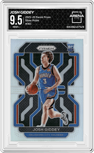 Josh Giddey from the 2021-22 Panini Prizm  set featuring a Silver Prizm parallel graded by Arena Club and given an overall grade of 9.5.