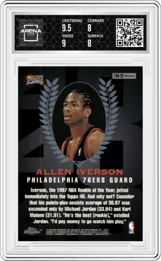 Allen Iverson from the 1997-98 Topps Chrome set featuring a Refractor parallel graded by Arena Club and given an overall grade of 8.5.
