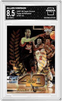 Allen Iverson from the 1997-98 Topps Chrome set featuring a Refractor parallel graded by Arena Club and given an overall grade of 8.5.