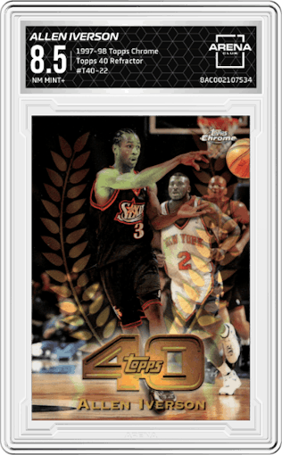 Allen Iverson from the 1997-98 Topps Chrome set featuring a Refractor parallel graded by Arena Club and given an overall grade of 8.5.