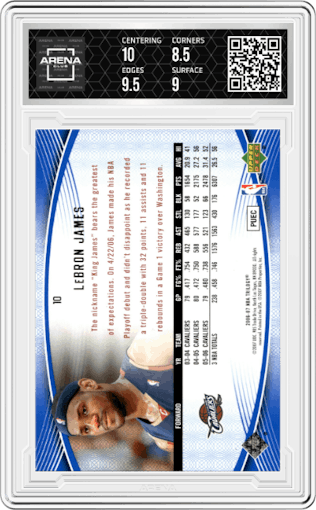 LeBron James  from the 2006-07 Upper Deck Trilogy set featuring a Blue parallel graded by Arena Club and given an overall grade of 9.