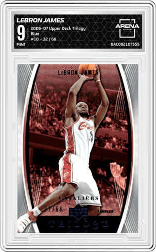LeBron James  from the 2006-07 Upper Deck Trilogy set featuring a Blue parallel graded by Arena Club and given an overall grade of 9.