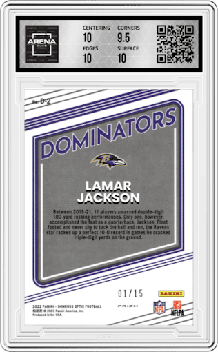 Lamar Jackson from the 2022 Panini Donruss Optic set featuring a Ice parallel graded by Arena Club and given an overall grade of 10.