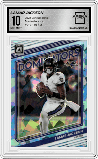 Lamar Jackson from the 2022 Panini Donruss Optic set featuring a Ice parallel graded by Arena Club and given an overall grade of 10.