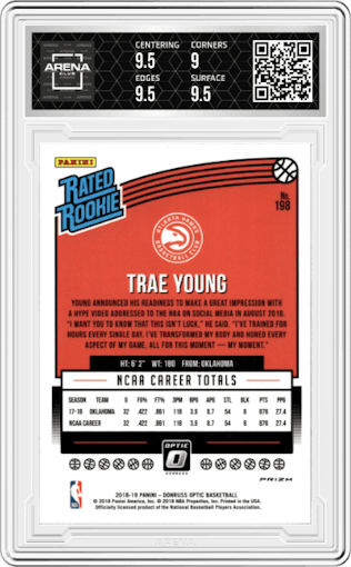 Trae Young from the 2018-19 Panini Donruss Optic set featuring a Shock parallel graded by Arena Club and given an overall grade of 9.5.