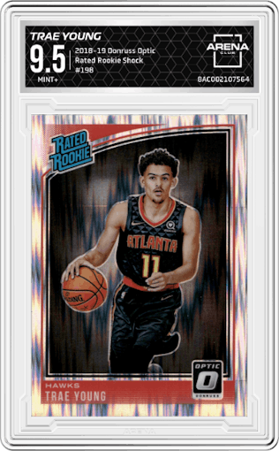 Trae Young from the 2018-19 Panini Donruss Optic set featuring a Shock parallel graded by Arena Club and given an overall grade of 9.5.