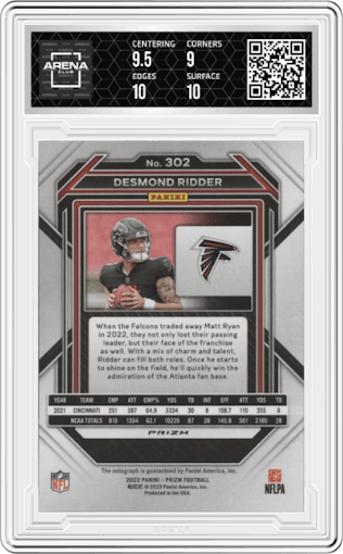 Desmond Ridder from the 2022 Panini Prizm set graded by Arena Club and given an overall grade of 9.5.