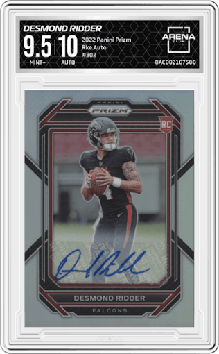 Desmond Ridder from the 2022 Panini Prizm set graded by Arena Club and given an overall grade of 9.5.