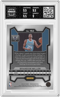Brandon Miller from the 2023-24 Panini Prizm set graded by Arena Club and given an overall grade of 9.5.
