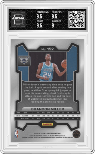 Brandon Miller from the 2023-24 Panini Prizm set graded by Arena Club and given an overall grade of 9.5.