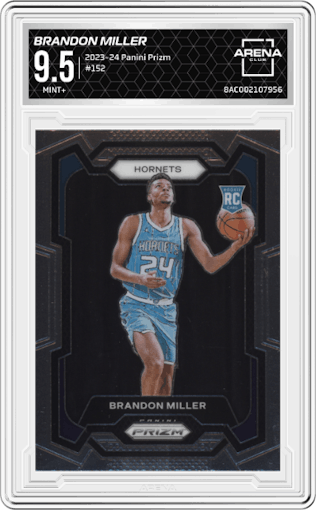 Brandon Miller from the 2023-24 Panini Prizm set graded by Arena Club and given an overall grade of 9.5.