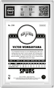 Victor Wembanyama from the 2023-24 Panini NBA Hoops set featuring a Winter parallel graded by Arena Club and given an overall grade of 10.