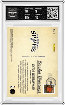Victor Wembanyama from the 2023-24 Panini NBA Hoops set featuring a Winter parallel graded by Arena Club and given an overall grade of 9.5.